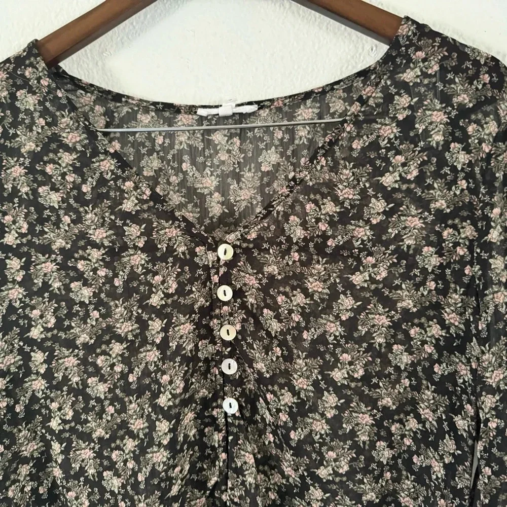Boho Floral Kimono Blouse Sheer High Low Button Front Dressy Top Small - Picture 8 of 14